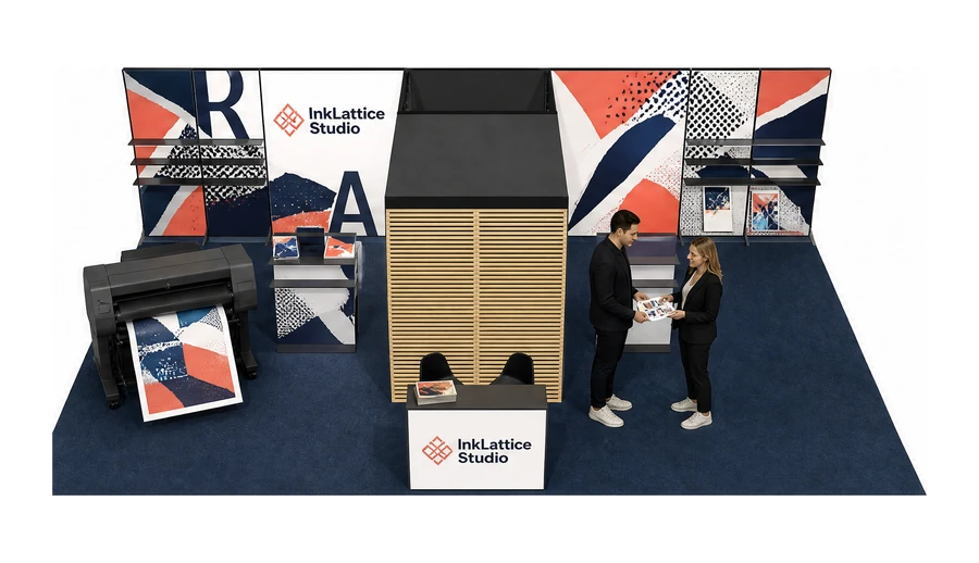 Stoisko 10 × 6 m półwyspowe dla branży reklama i druk, przykładowa marka InkLattice Studio
