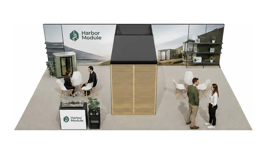 Stoisko 10 × 6 m półwyspowe dla branży domy modułowe i prefabrykacja, przykładowa marka Harbor Module