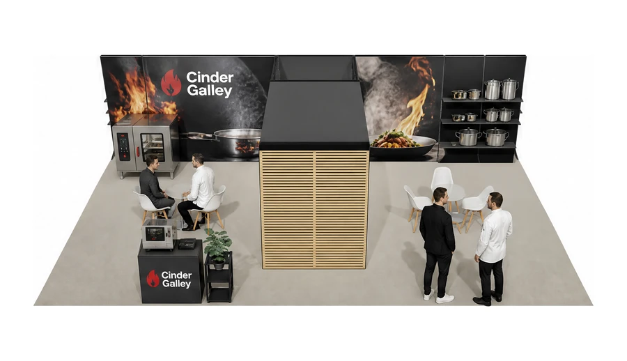 Stoisko 10 × 6 m półwyspowe dla branży wyposażenie gastronomii, przykładowa marka Cinder Galley