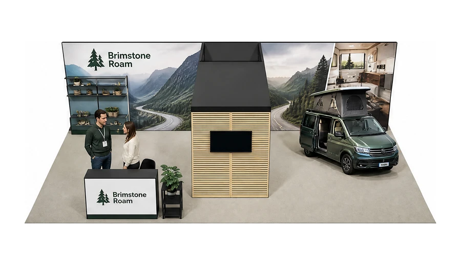 Stoisko 10 × 6 m półwyspowe dla branży caravaning i kampery, przykładowa marka Brimstone Roam