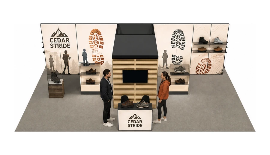 Stoisko 10 × 6 m półwyspowe dla branży obuwie, przykładowa marka Cedar Stride