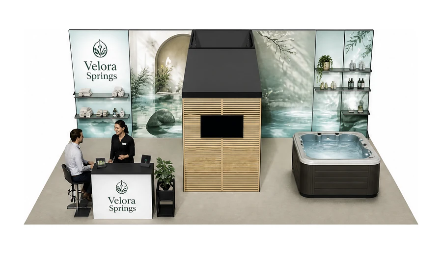 Stoisko 10 × 6 m półwyspowe dla branży spa i wellness, przykładowa marka Velora Springs