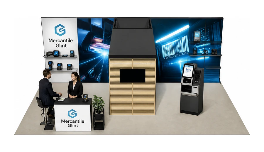 Stoisko 10 × 6 m półwyspowe dla branży technologie dla handlu, przykładowa marka Mercantile Glint