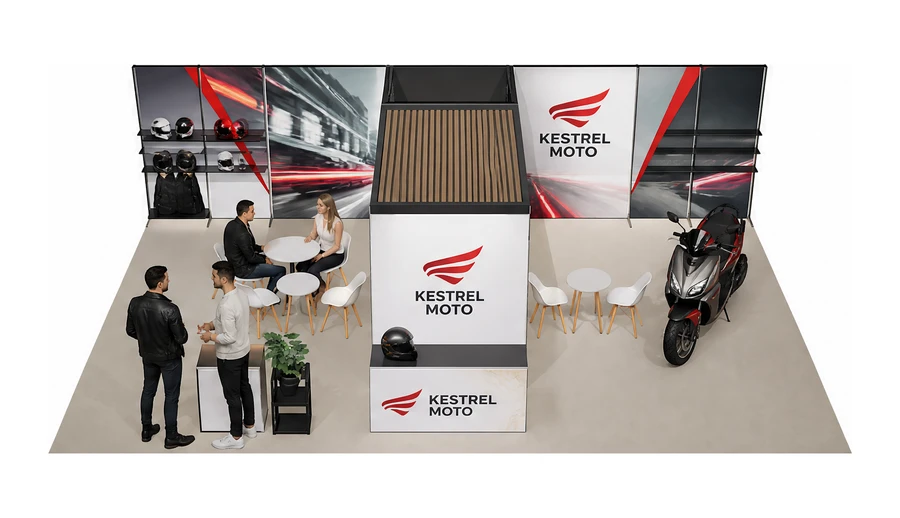 Stoisko 10 × 6 m półwyspowe dla branży motocykle i skutery, przykładowa marka Kestrel Moto
