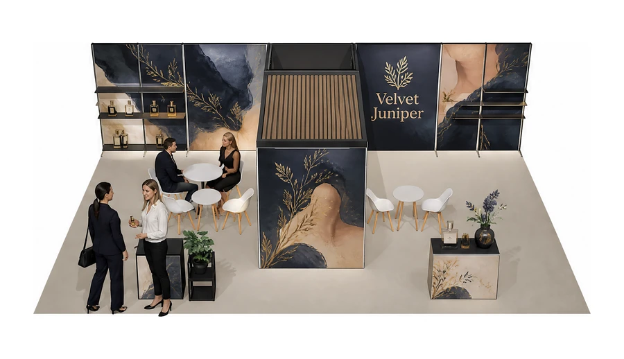 Stoisko 10 × 6 m półwyspowe dla branży perfumy, przykładowa marka Velvet Juniper