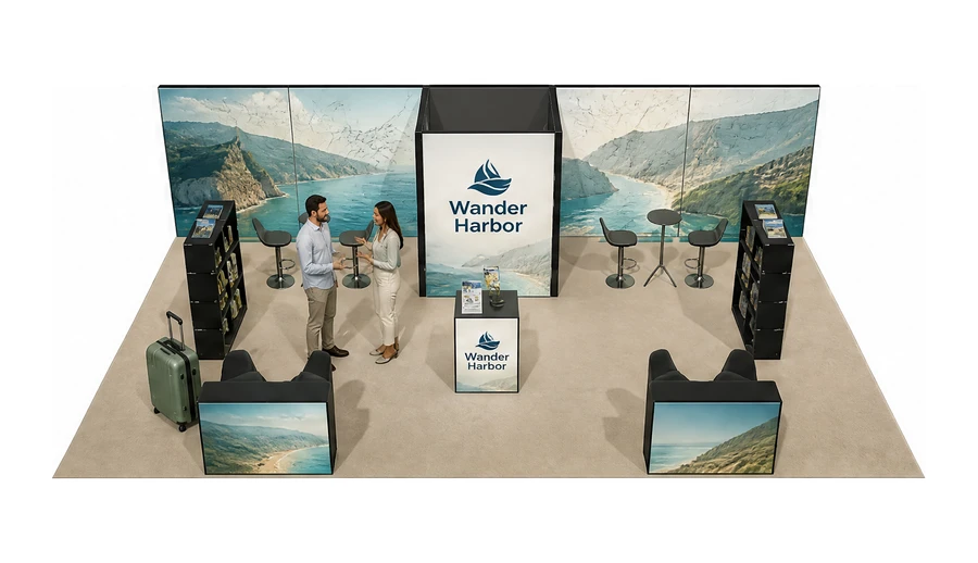 Stoisko 10 × 6 m półwyspowe dla branży biura podróży i regiony, przykładowa marka Wander Harbor