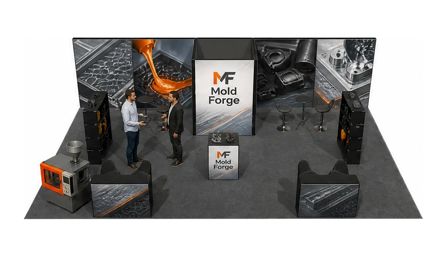 Stoisko 10 × 6 m półwyspowe dla branży przetwórstwo tworzyw, przykładowa marka Mold Forge