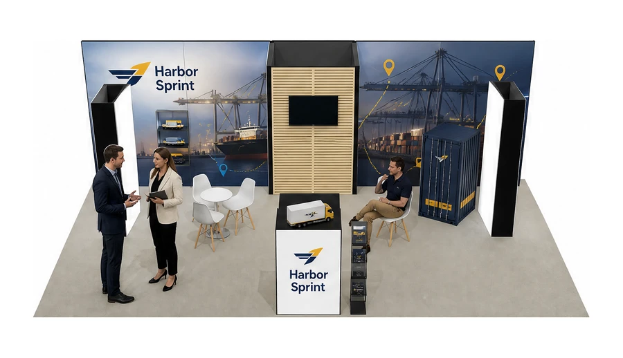 Stoisko 10 × 6 m półwyspowe dla branży logistyka i spedycja, przykładowa marka Harbor Sprint