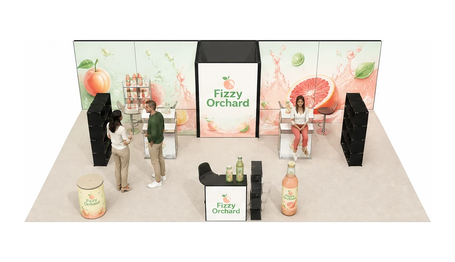 Stoisko 10 × 6 m półwyspowe dla branży napoje, przykładowa marka Fizzy Orchard