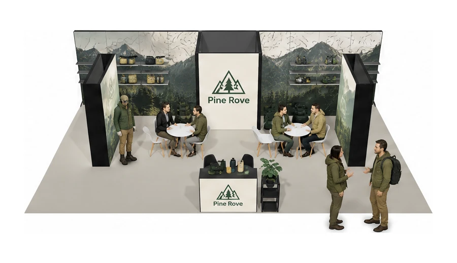 Stoisko 10 × 6 m półwyspowe dla branży odzież i sprzęt outdoorowy, przykładowa marka Pine Rove