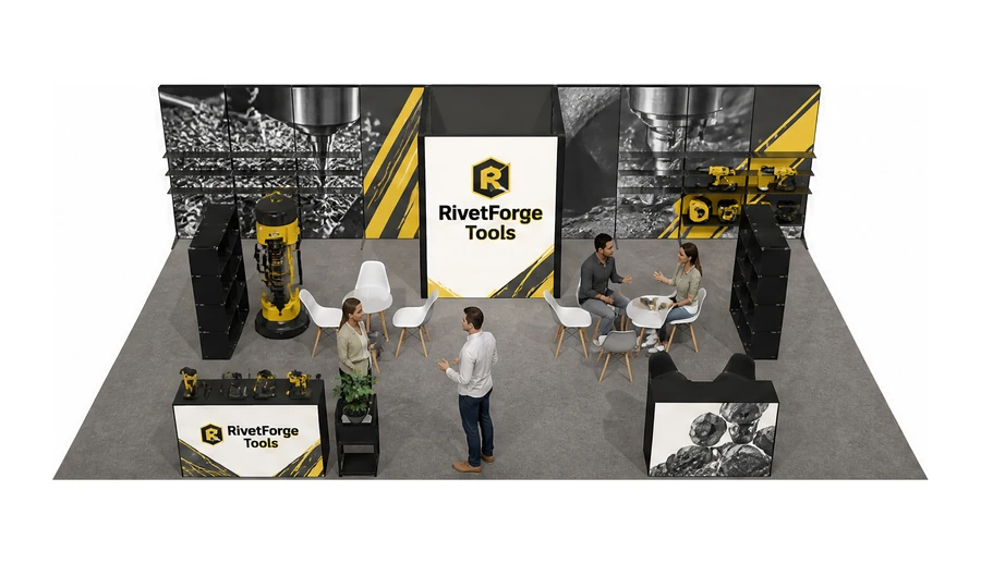 Stoisko 10 × 6 m półwyspowe dla branży elektronarzędzia, przykładowa marka RivetForge Tools