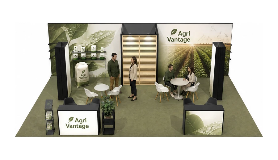 Stoisko 10 × 6 m półwyspowe dla branży nawozy i ochrona roślin, przykładowa marka Agri Vantage