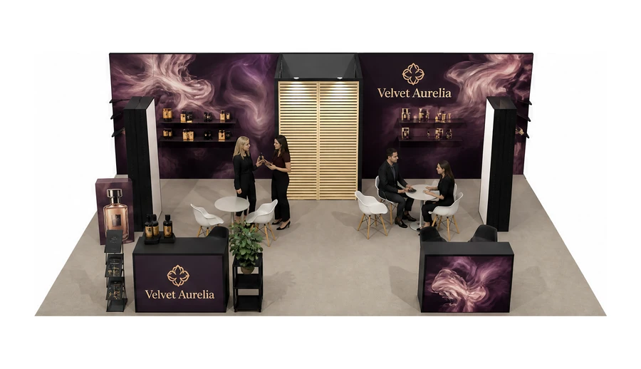 Stoisko 10 × 6 m półwyspowe dla branży perfumy, przykładowa marka Velvet Aurelia
