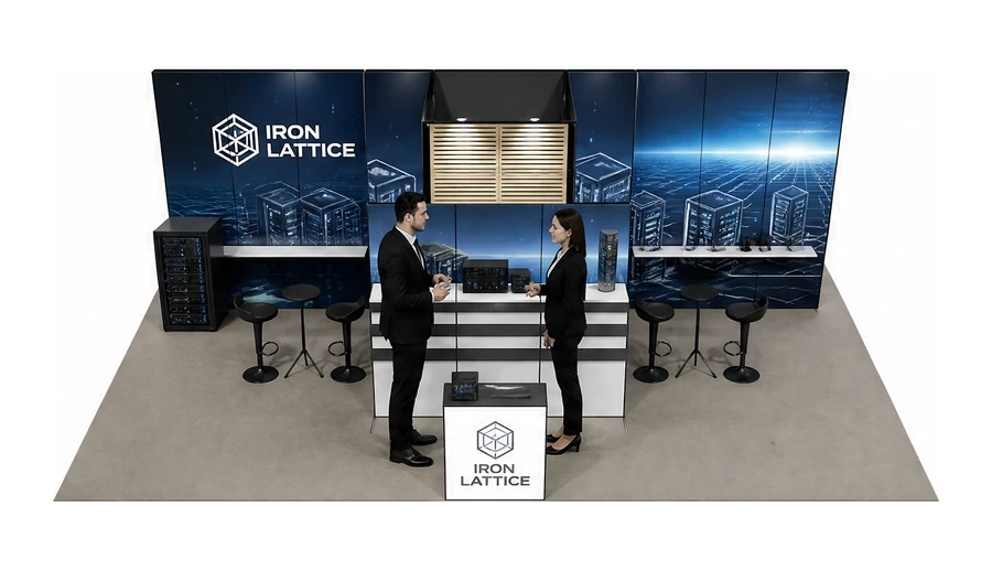 Stoisko 10 × 6 m półwyspowe dla branży infrastruktura IT i data center, przykładowa marka Iron Lattice