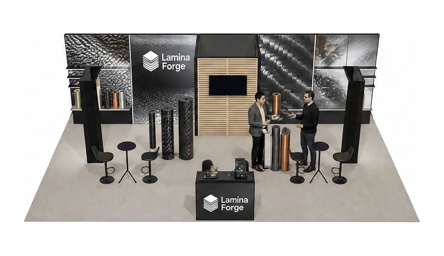 Stoisko 10 × 6 m półwyspowe dla branży materiały kompozytowe, przykładowa marka Lamina Forge