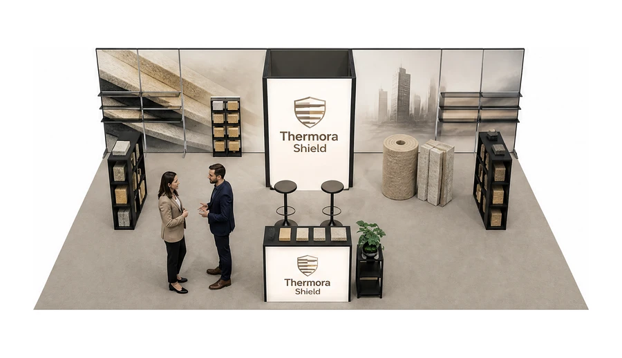 Stoisko 10 × 6 m półwyspowe dla branży izolacje techniczne, przykładowa marka Thermora Shield