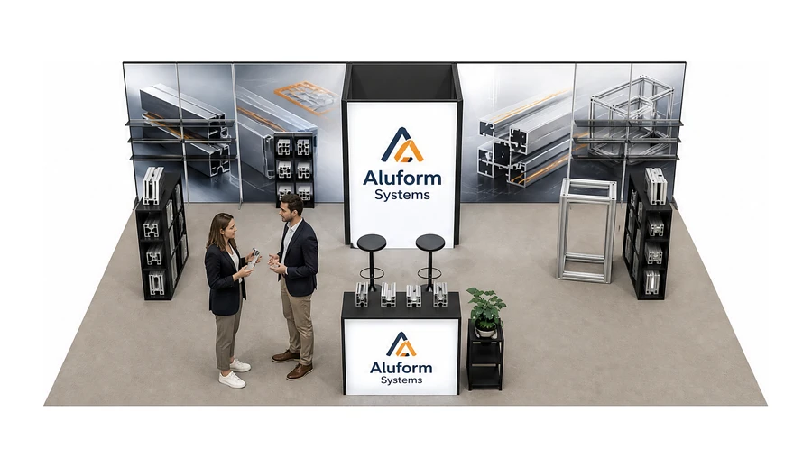 Stoisko 10 × 6 m półwyspowe dla branży profile aluminiowe, przykładowa marka Aluform Systems