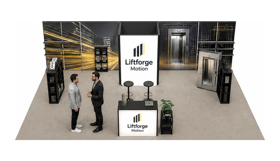 Stoisko 10 × 6 m półwyspowe dla branży dźwigi i windy, przykładowa marka Liftforge Motion