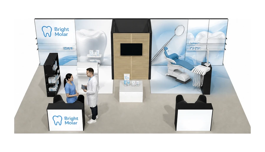 Stoisko 10 × 6 m półwyspowe dla branży stomatologia, przykładowa marka Bright Molar