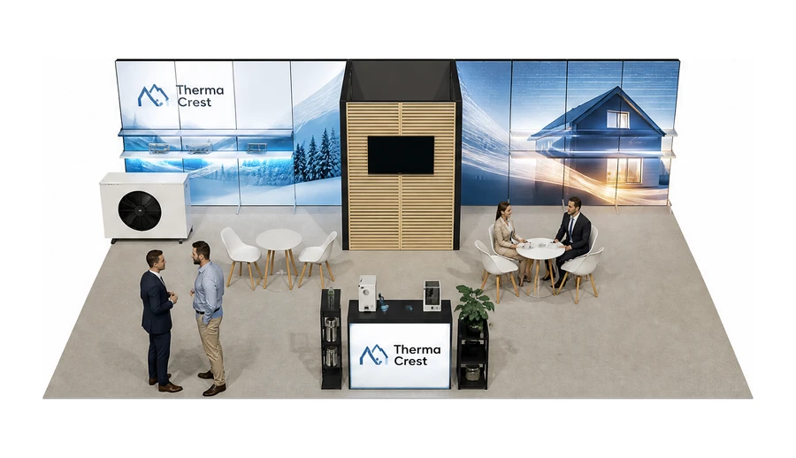Stoisko 10 × 6 m półwyspowe dla branży pompy ciepła i ogrzewanie, przykładowa marka Therma Crest