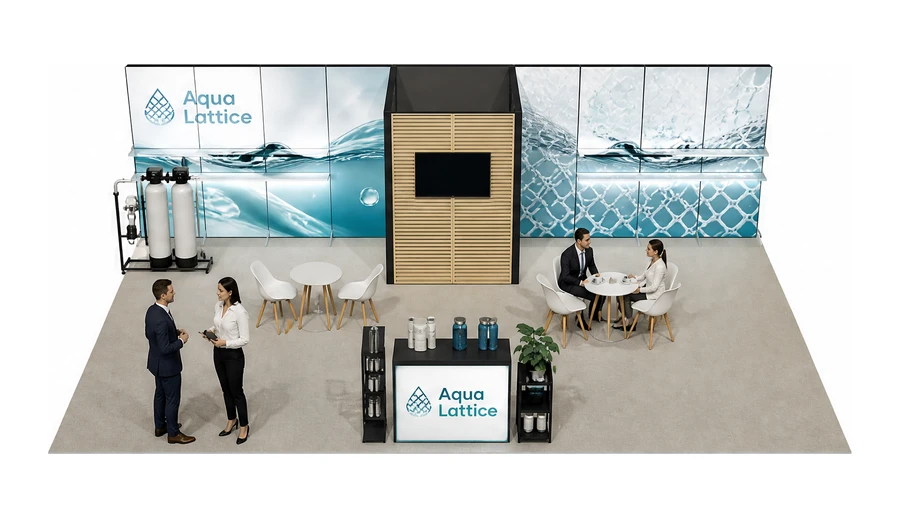 Stoisko 10 × 6 m półwyspowe dla branży technologie wodne, przykładowa marka Aqua Lattice