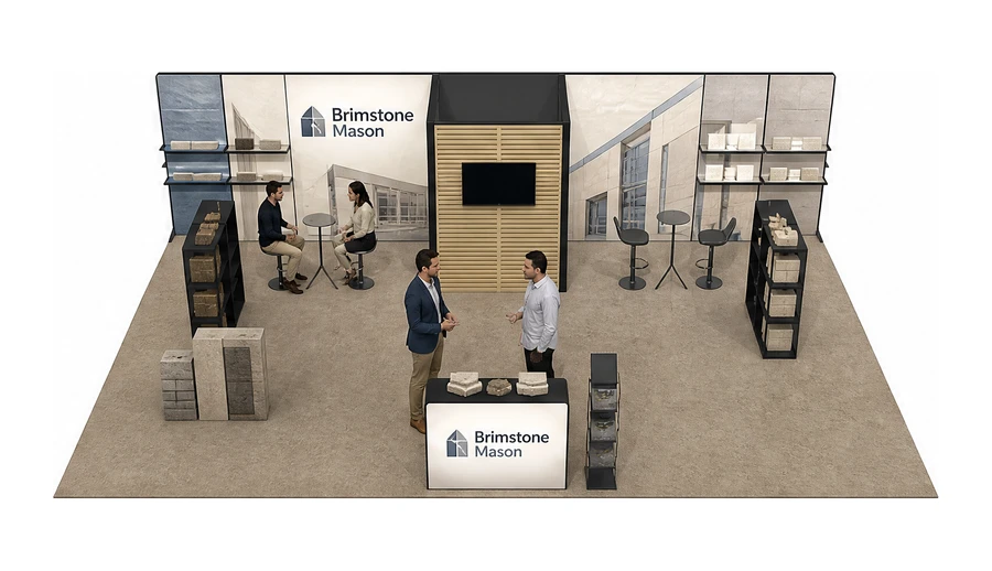 Stoisko 10 × 6 m półwyspowe dla branży materiały budowlane, przykładowa marka Brimstone Mason