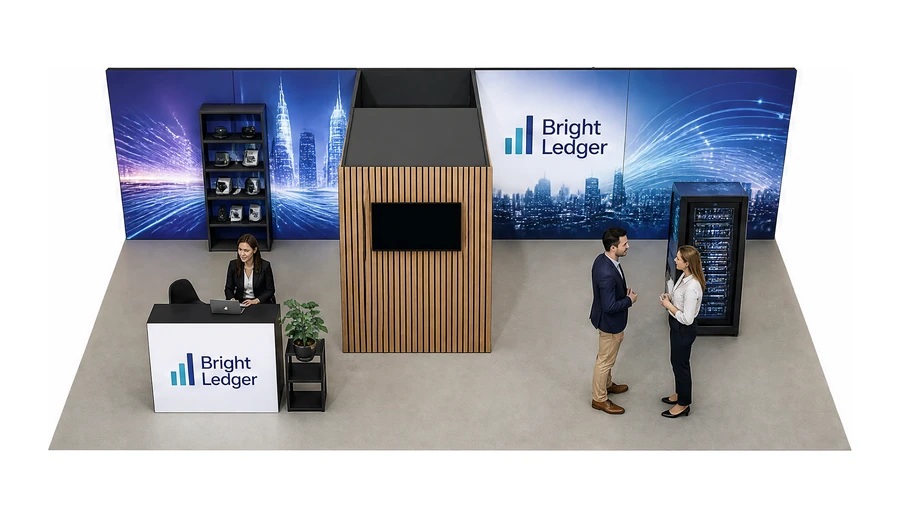 Stoisko 10 × 6 m półwyspowe dla branży sztuczna inteligencja i dane, przykładowa marka Bright Ledger