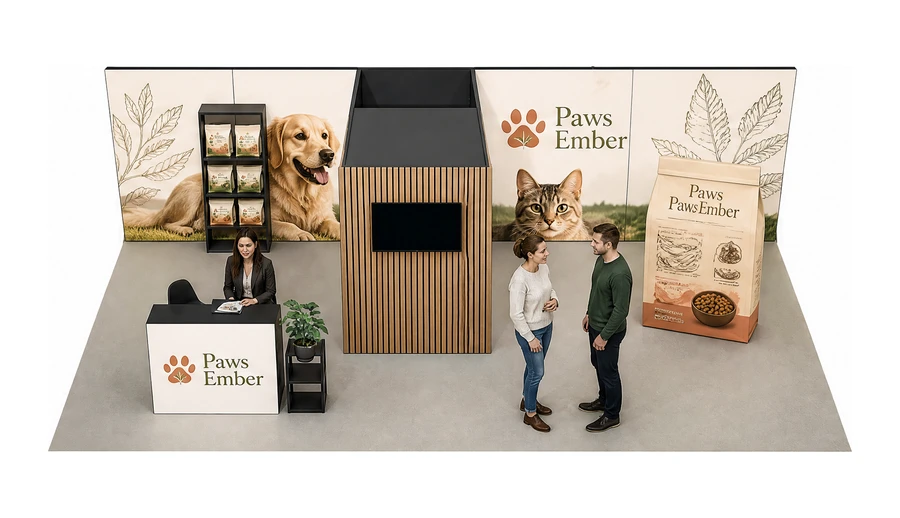 Stoisko 10 × 6 m półwyspowe dla branży karma dla zwierząt, przykładowa marka Paws Ember
