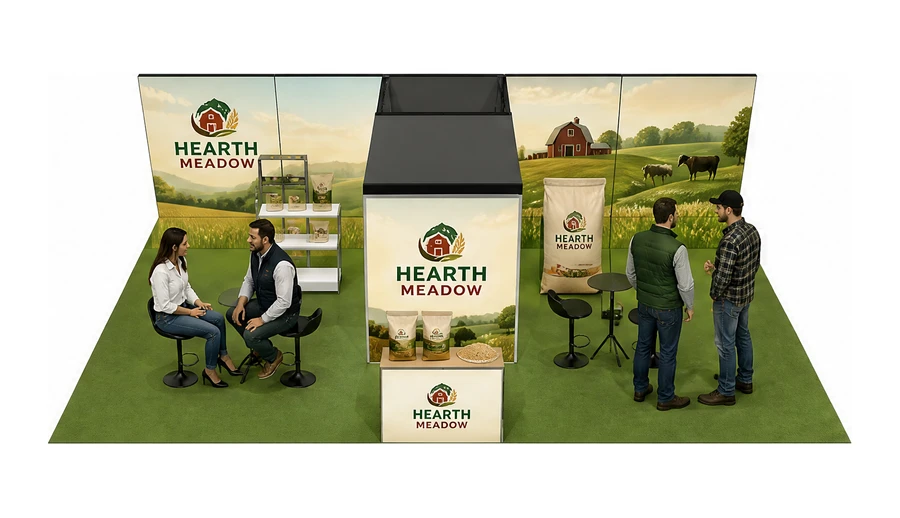 Stoisko 10 × 6 m półwyspowe dla branży hodowla i pasze, przykładowa marka Hearth Meadow