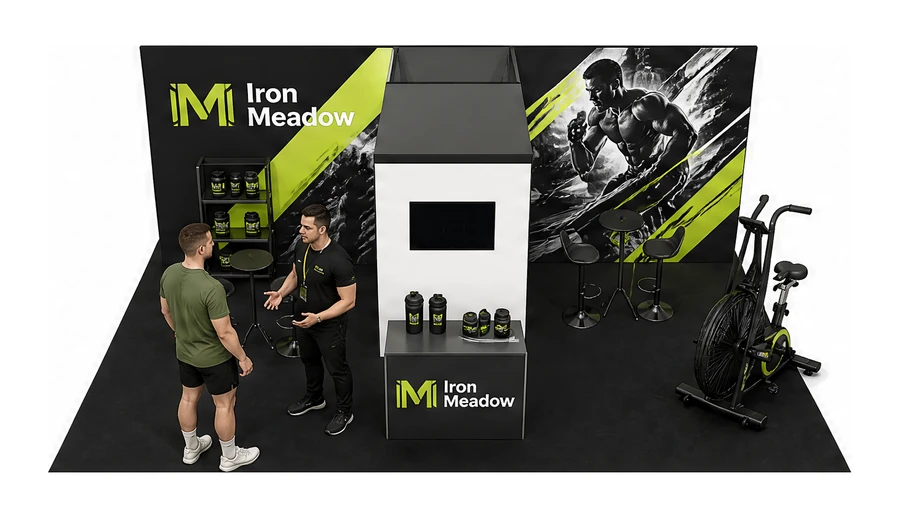 Stoisko 10 × 6 m półwyspowe dla branży fitness i siłownie, przykładowa marka Iron Meadow