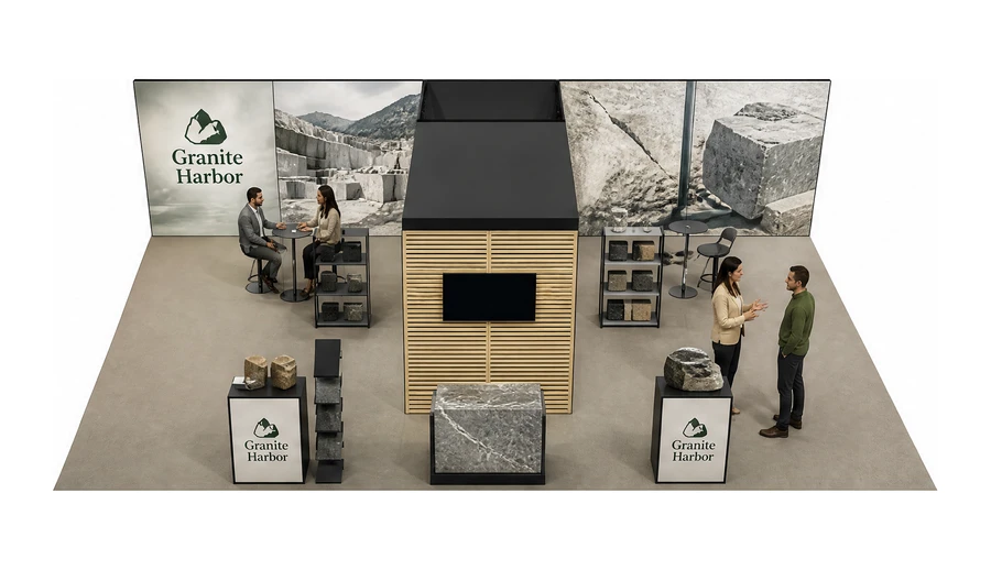 Stoisko 10 × 6 m półwyspowe dla branży kamień i kamieniarstwo, przykładowa marka Granite Harbor