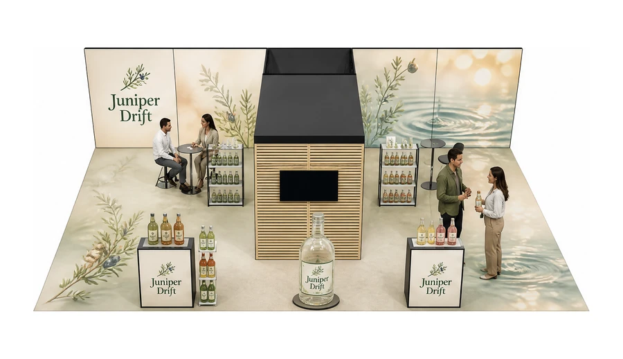 Stoisko 10 × 6 m półwyspowe dla branży napoje, przykładowa marka Juniper Drift