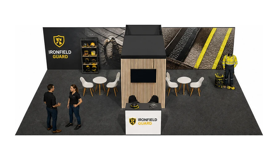 Stoisko 10 × 6 m półwyspowe dla branży BHP i odzież ochronna, przykładowa marka Ironfield Guard