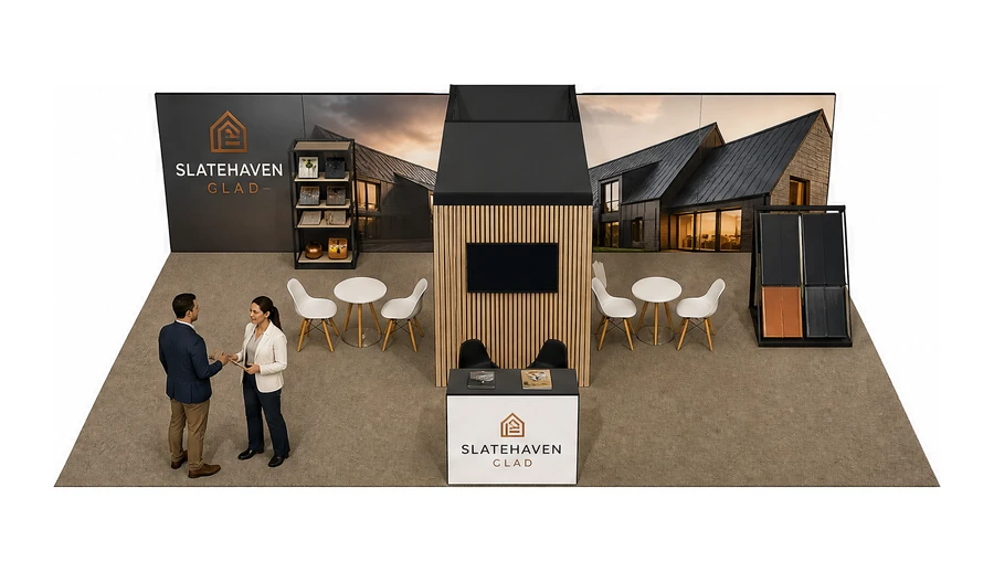 Stoisko 10 × 6 m półwyspowe dla branży dachy i elewacje, przykładowa marka Slatehaven Clad