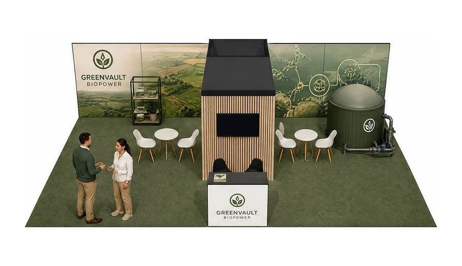 Stoisko 10 × 6 m półwyspowe dla branży biogaz i OZE, przykładowa marka Greenvault Biopower