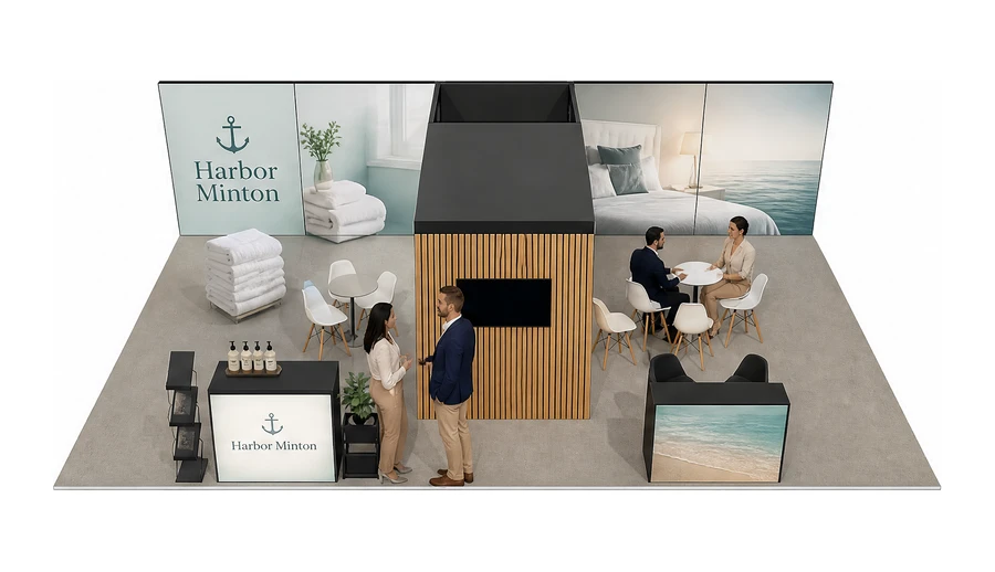 Stoisko 10 × 6 m półwyspowe dla branży wyposażenie hoteli, przykładowa marka Harbor Minton