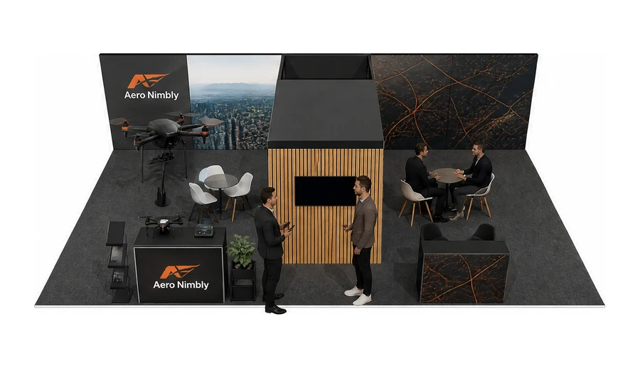 Stoisko 10 × 6 m półwyspowe dla branży drony i robotyka, przykładowa marka Aero Nimbly