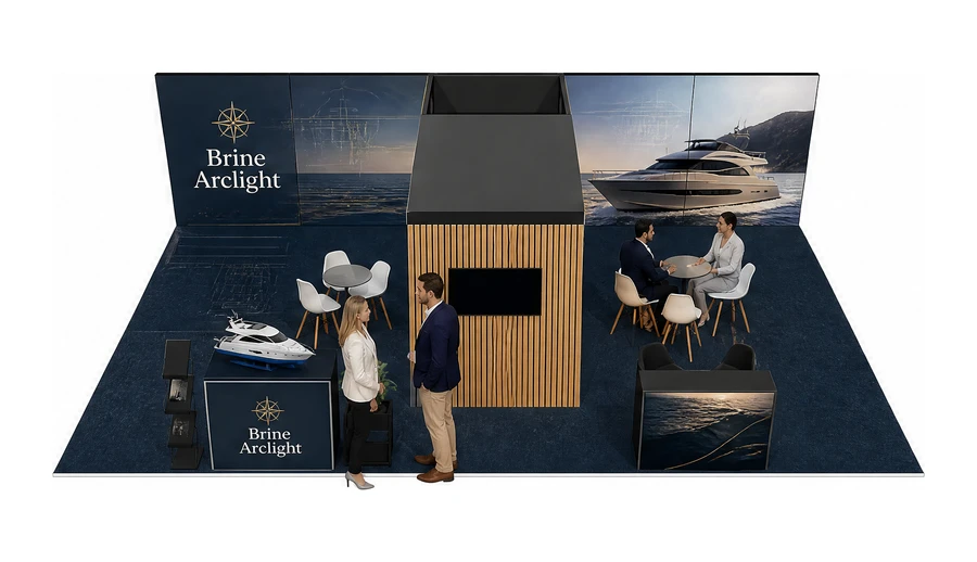 Stoisko 10 × 6 m półwyspowe dla branży jachty i łodzie, przykładowa marka Brine Arclight