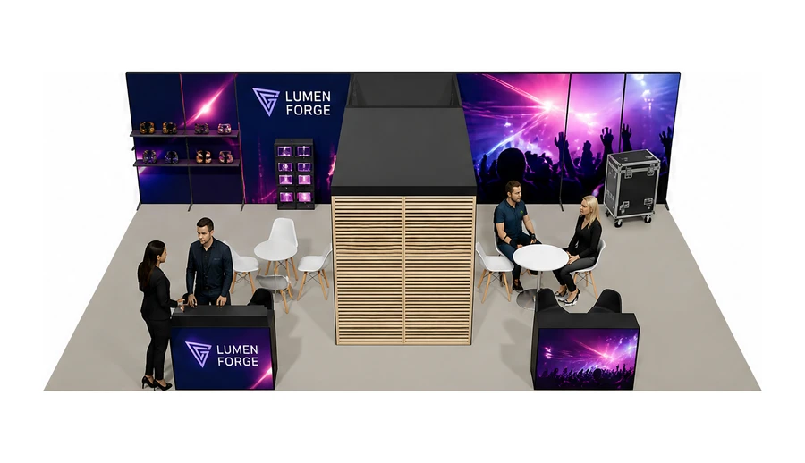 Stoisko 10 × 6 m półwyspowe dla branży branża eventowa, przykładowa marka Lumen Forge