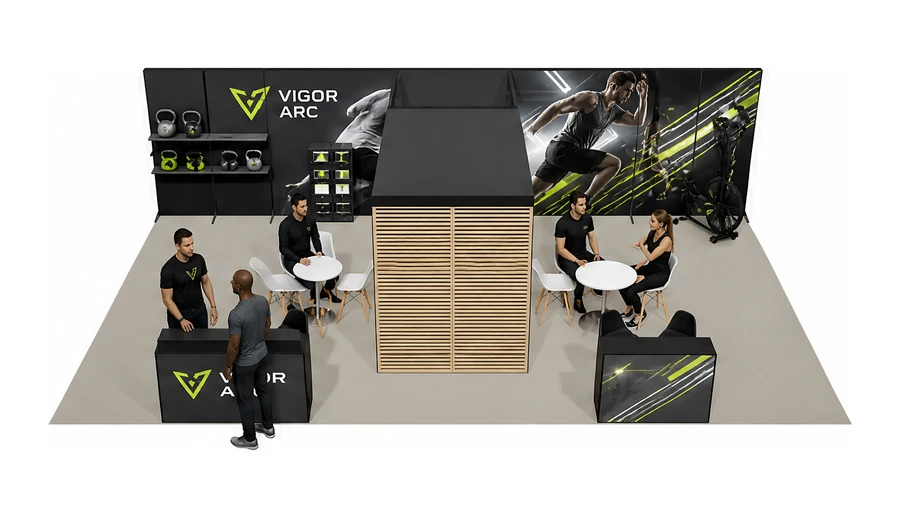 Stoisko 10 × 6 m półwyspowe dla branży fitness i siłownie, przykładowa marka Vigor Arc