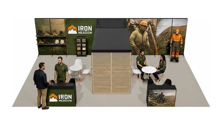 Stoisko 10 × 6 m półwyspowe dla branży BHP i odzież ochronna, przykładowa marka Iron Meadow
