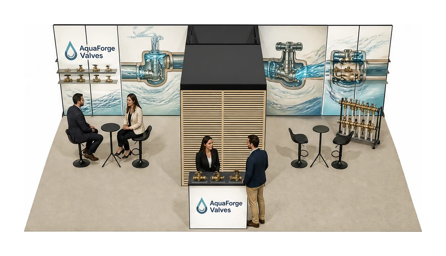 Stoisko 10 × 6 m półwyspowe dla branży instalacje wodno-kanalizacyjne, przykładowa marka AquaForge Valves