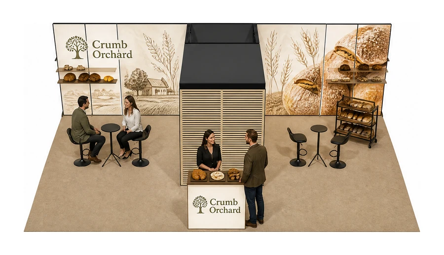 Stoisko 10 × 6 m półwyspowe dla branży piekarnictwo i cukiernictwo, przykładowa marka Crumb Orchard