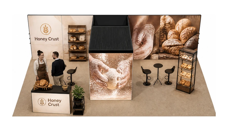 Stoisko 10 × 6 m półwyspowe dla branży piekarnictwo i cukiernictwo, przykładowa marka Honey Crust