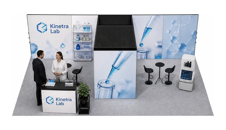 Stoisko 10 × 6 m półwyspowe dla branży sprzęt laboratoryjny, przykładowa marka Kinetra Lab