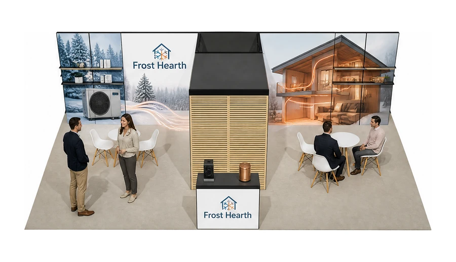 Stoisko 10 × 6 m półwyspowe dla branży pompy ciepła i ogrzewanie, przykładowa marka Frost Hearth