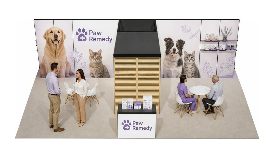 Stoisko 10 × 6 m półwyspowe dla branży weterynaria, przykładowa marka Paw Remedy