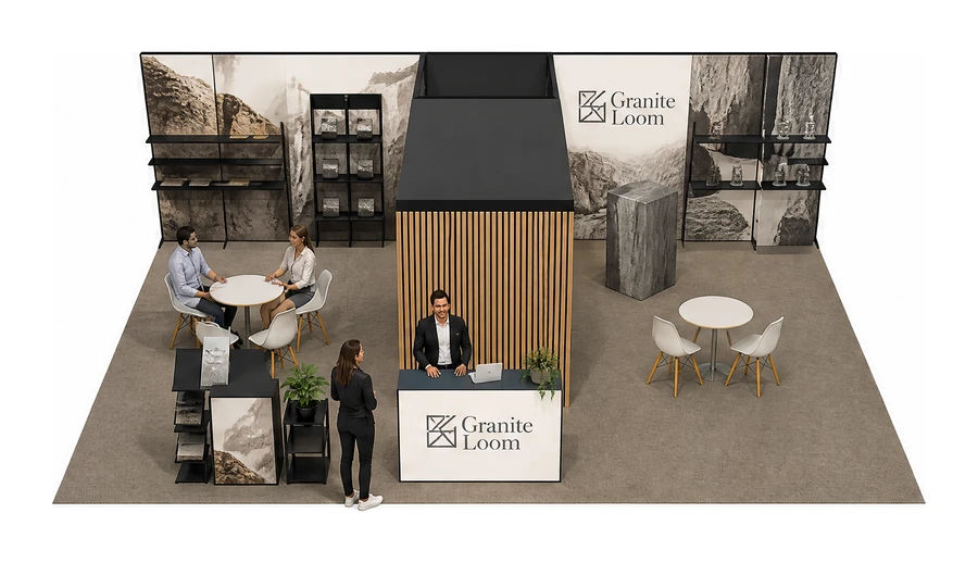 Stoisko 10 × 6 m półwyspowe dla branży kamień i kamieniarstwo, przykładowa marka Granite Loom