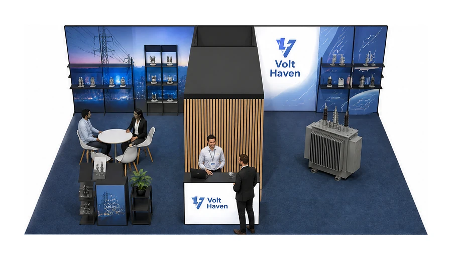 Stoisko 10 × 6 m półwyspowe dla branży energetyka i sieci, przykładowa marka Volt Haven