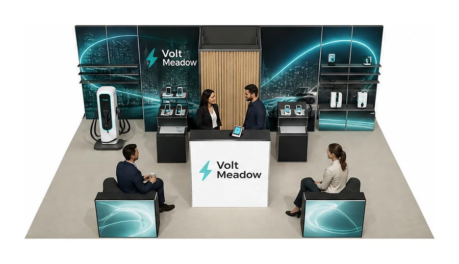 Stoisko 10 × 6 m półwyspowe dla branży elektromobilność i ładowarki, przykładowa marka Volt Meadow